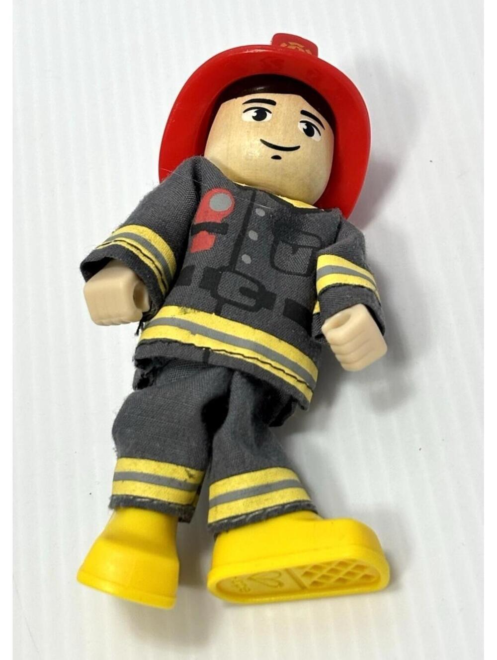 Hape Wooden Firefighter Doll Poseable Fireman Figure Wooden Toy Red Helmet GUC